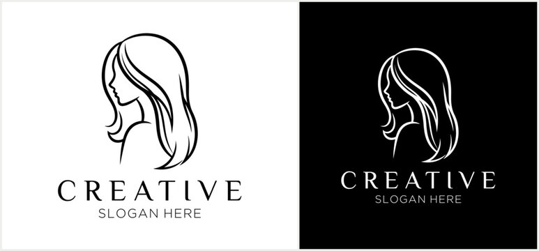 A creative logo design template featuring a line art silhouette of a woman with flowing hair, shown in black and white versions.