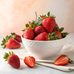 A white bowl filled with fresh strawberries and some strawberries on a white surface nearby it