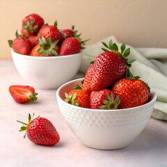 Two white bowls filled with fresh ripe strawberries on a light surface with a neutral background