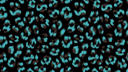 Abstract leopard print pattern with teal and brown spots on a black background