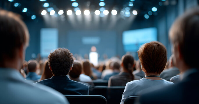 Audience attending a professional conference or seminar in a large modern auditorium with a speaker on stage and bright overhead lighting