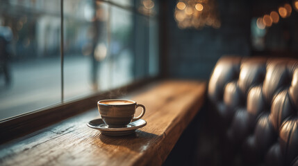居心地の良いカフェの窓際テーブルに置かれた淹れたてのコーヒーをリアルに描いたAI生成画像