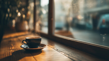 居心地の良いカフェの窓際テーブルに置かれた淹れたてのコーヒーをリアルに描いたAI生成画像