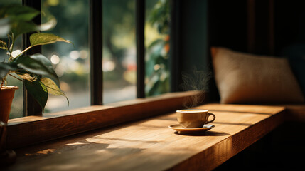 居心地の良いカフェの窓際テーブルに置かれた淹れたてのコーヒーをリアルに描いたAI生成画像