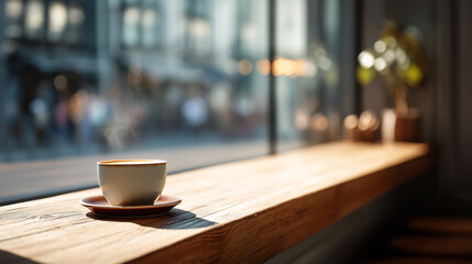 居心地の良いカフェの窓際テーブルに置かれた淹れたてのコーヒーをリアルに描いたAI生成画像