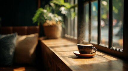 居心地の良いカフェの窓際テーブルに置かれた淹れたてのコーヒーをリアルに描いたAI生成画像