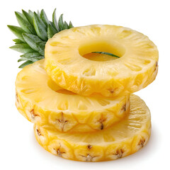 A close up shot of a stack of three pineapple rings with leaves on a white background image view