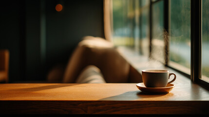 居心地の良いカフェの窓際テーブルに置かれた淹れたてのコーヒーをリアルに描いたAI生成画像