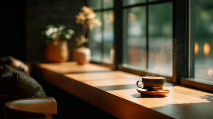 居心地の良いカフェの窓際テーブルに置かれた淹れたてのコーヒーをリアルに描いたAI生成画像