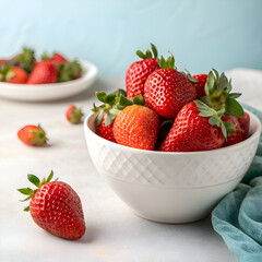 A bowl filled with fresh strawberries and a plate of strawberries in the background on a table