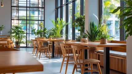 大きな窓のスタイリッシュカフェ店内に置かれたモダンインテリアと観葉植物をリアルに描いたAI生成画像