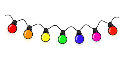 Playful cartoon illustration of a vibrant string of colorful light bulbs, ideal for festive decorations, party backgrounds, and celebratory event designs