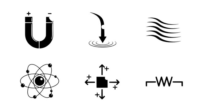 Science and Physics Icons Magnet, Atom, Waves, Resistance, and More