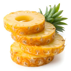 Close up of stacked pineapple slices with green leaves isolated on a white background studio shot