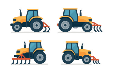 Fototapeta premium Farm equipment tractors set, flat vector illustration, agriculture machinery collection