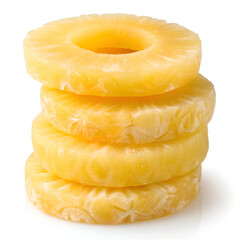 A close up of a stack of four pineapple rings with a white background in a studio setting shot