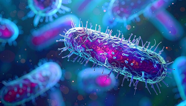 Rod-shaped bacteria with purple and blue pili in vibrant microscopic environment.