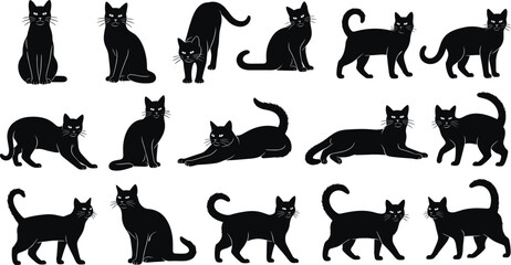Large Collection of Black Cat Silhouettes in Various Poses, Walking, Sitting, Stretching, and Lying Down, Perfect for Pet Shops, Halloween, and Animal Vector Design.