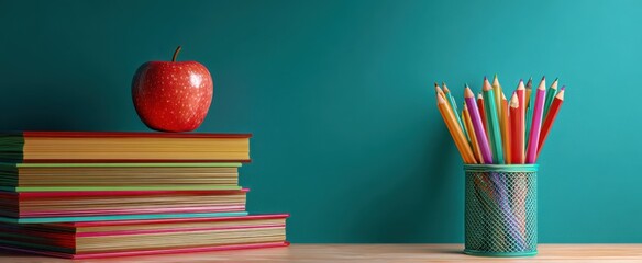 The Apple on School Books Beside Colorful Pencils in a Metal Holder