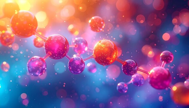 Stylized molecular spheres with shiny bonds on vibrant multicolored bokeh background.