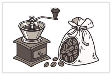 Hand Drawn Coffee Shop Illustration Set Cafe Icons, Barista Elements, Coffee Equipment