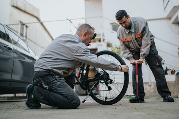 Two workers in gray uniforms fix a bike wheel outside a residential area. One kneels to adjust the tire while the other uses a floor pump, with a car and buildings in the background.