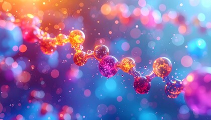 Stylized molecular structure with red, orange, and purple atoms connected by rods on vibrant bokeh background.