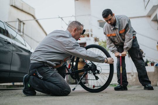 Two workers in gray uniforms fix a bike wheel outside a residential area. One kneels to adjust the tire while the other uses a floor pump, with a car and buildings in the background. - Powered by Adobe