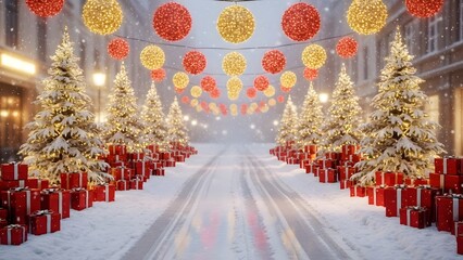 Snow-covered street lined with illuminated Christmas trees and gift boxes under hanging festive lights