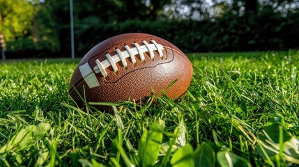 Obraz premium Close-Up of a Brown Football on Fresh Green Grass in Bright Light