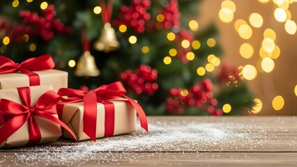 Christmas gifts wrapped in beige paper with red ribbons on a wooden table, with a decorated tree and lights in the background.