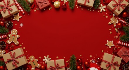 Christmas-themed border with gift boxes, gingerbread men, ornaments, and pine branches on a red background