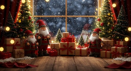Christmas scene with Santa figures, decorated trees, gifts, and a snowy window view