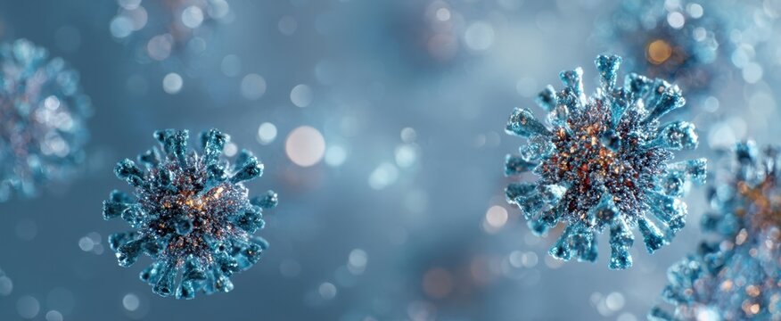 The Virus Particles Floating in Blue Bokeh Background Representing Infection and Science