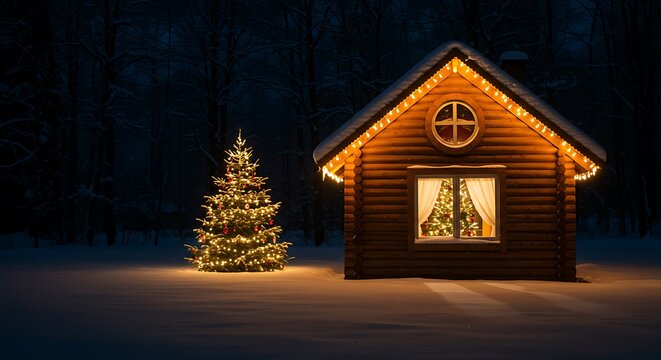 Cozy wooden cabin with illuminated Christmas tree in snowy forest at night