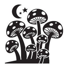 Black and White Silhouette Vector of Mystical Mushrooms with Moon and Stars.