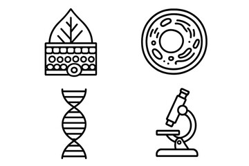 Outline symbols of DNA, cell structure, and laboratory equipment for scientific research