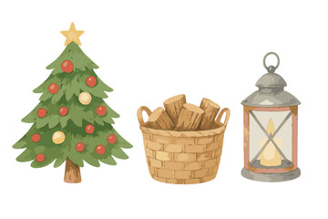 Cozy Christmas tree decoration with firewood basket and vintage lantern