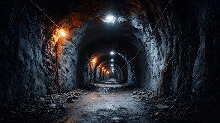 Naklejka premium Dark underground mine tunnel with rough rock walls illuminated by warm industrial safety lights showing mysterious atmosphere and vanishing.