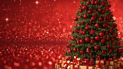 Christmas tree decorated with red ornaments and gifts under a sparkling red background
