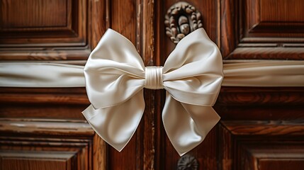 Elegant white satin bow adorns ornate wooden door