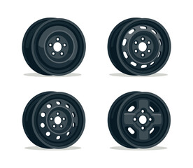 Car wheel collection, diverse rims, tire variations, flat vector illustration