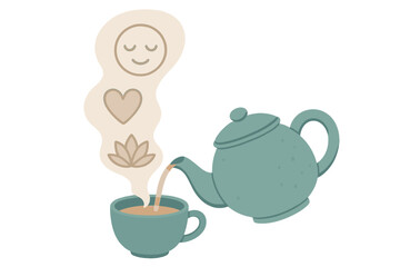 Teapot pouring tea into a cup with steam showing symbols of relaxation and wellness