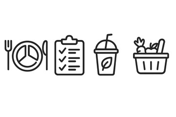 Outline icons for healthy eating, diet planning, organic drinks, and grocery shopping