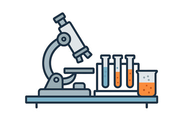 Scientific research tools including microscope test tube rack and chemical glassware