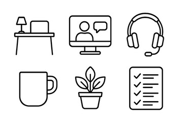Essential line icons for remote work and home setup featuring desk, video call, and headset