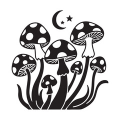 Black and White Silhouette Vector of Mystical Mushrooms with Moon and Stars.