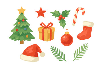 Watercolor Christmas holiday elements set with tree gift holly and Santa hat