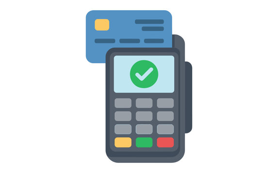 Credit card inserted into a payment terminal showing a successful transaction confirmation