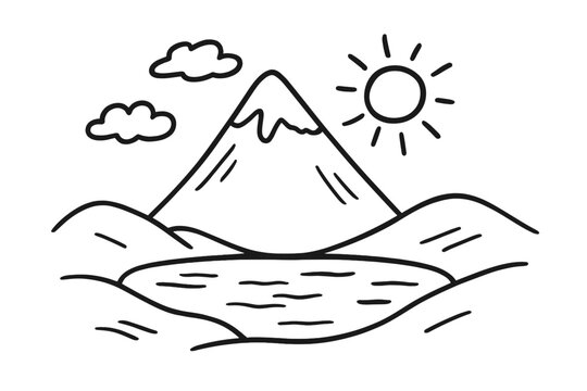 Minimalist black and white mountain landscape featuring a lake, sun, and clouds